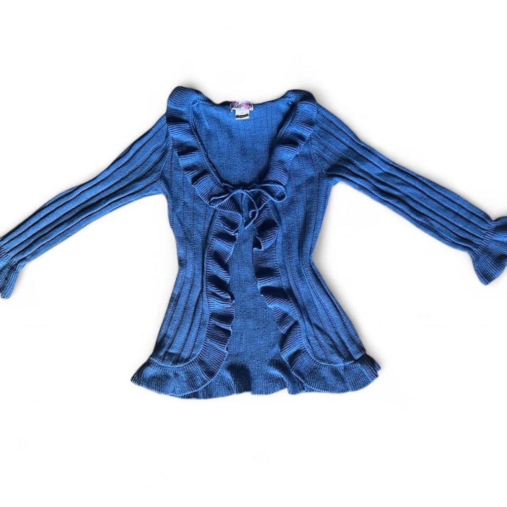 Y2K 90’s Vintage Dusty Blue Ribbed Ruffle Cardigan W/ Optional Tie-Front. - Picture 3 of 10